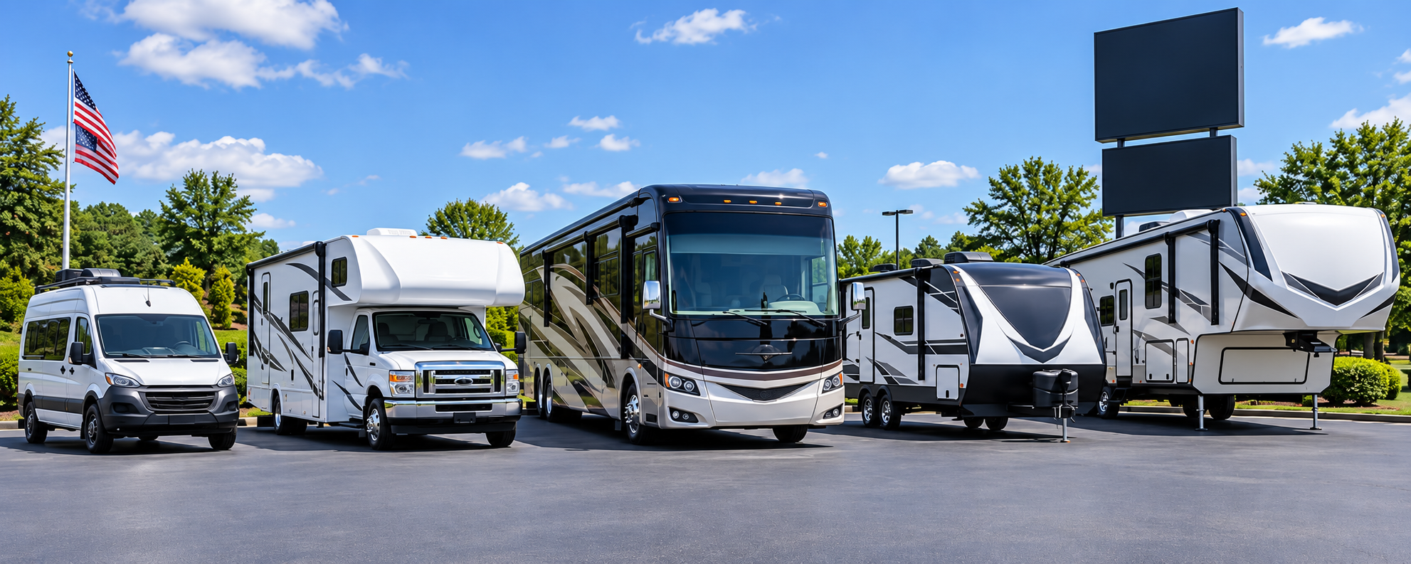 Five RV types parked in a row at SouthLand RV Georgia