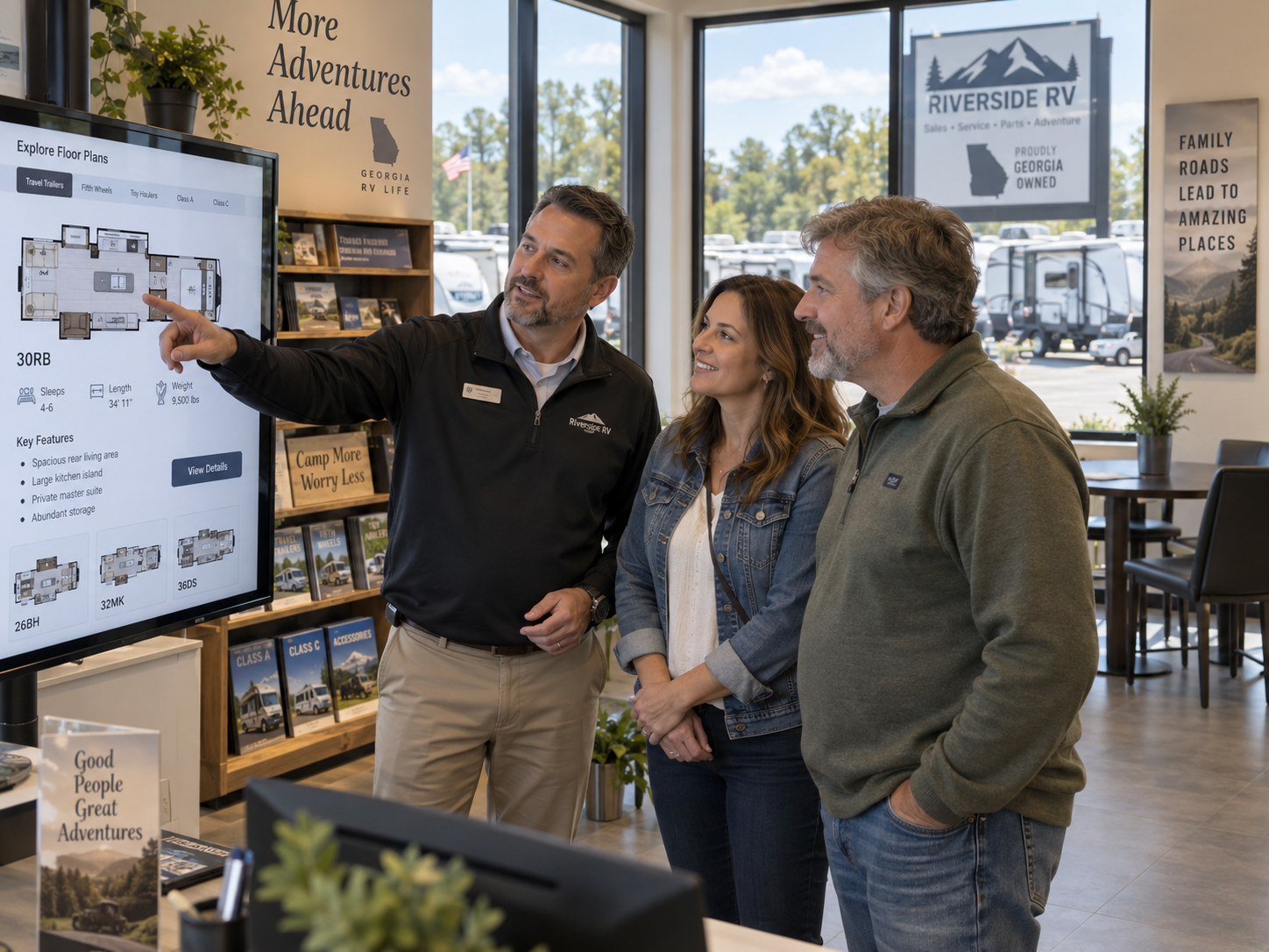 SouthLand RV sales consultant reviewing RV floor plans and specifications with customers