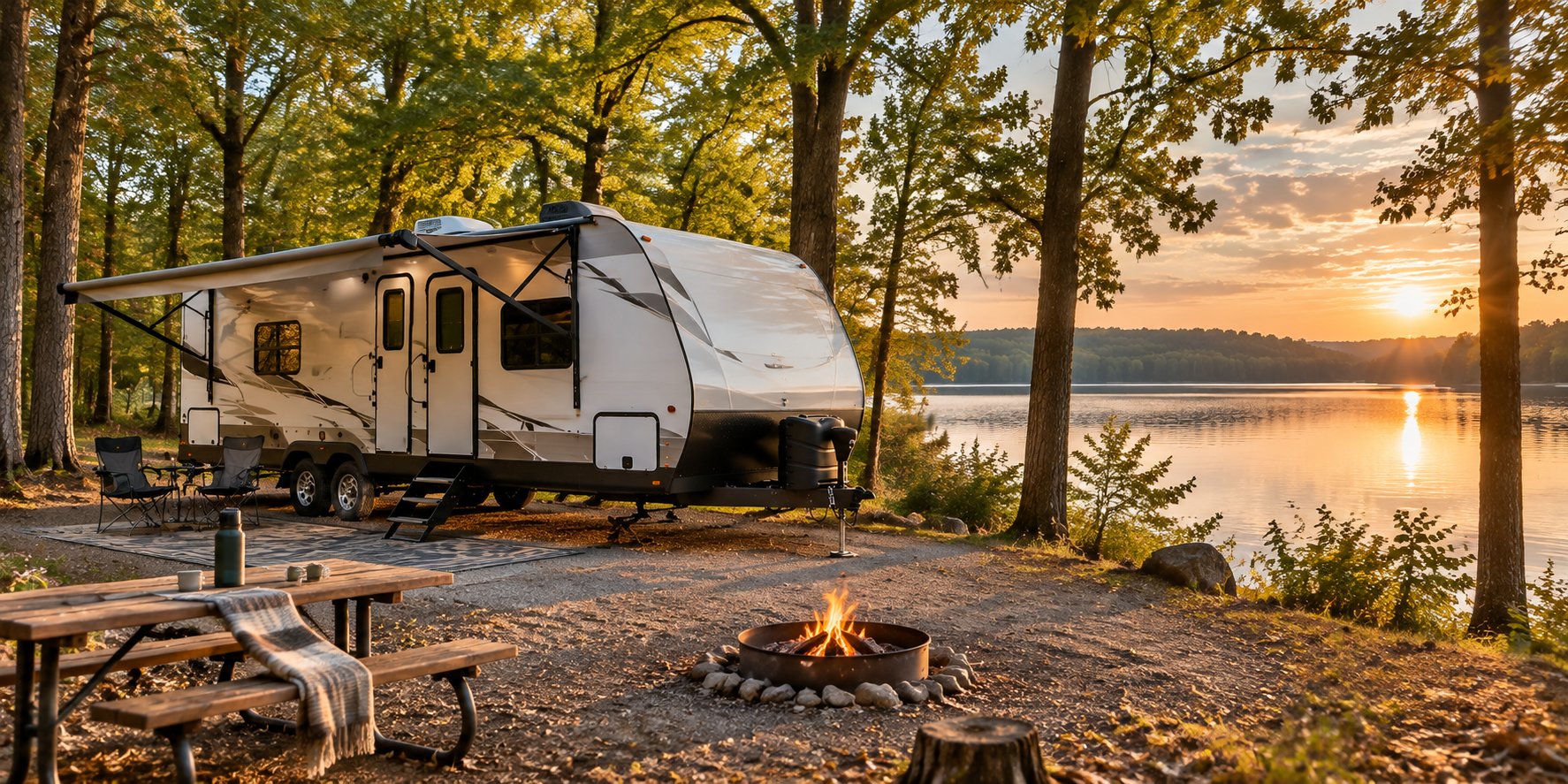A travel trailer rv parked at scenic campsite
