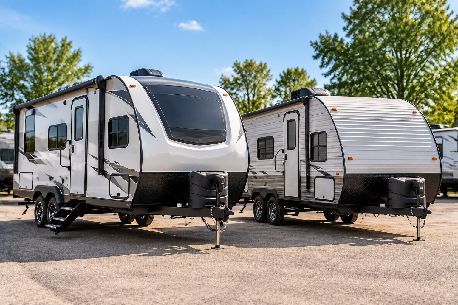 Comparing a newer and an older travel trailer side by side on a dealership lot