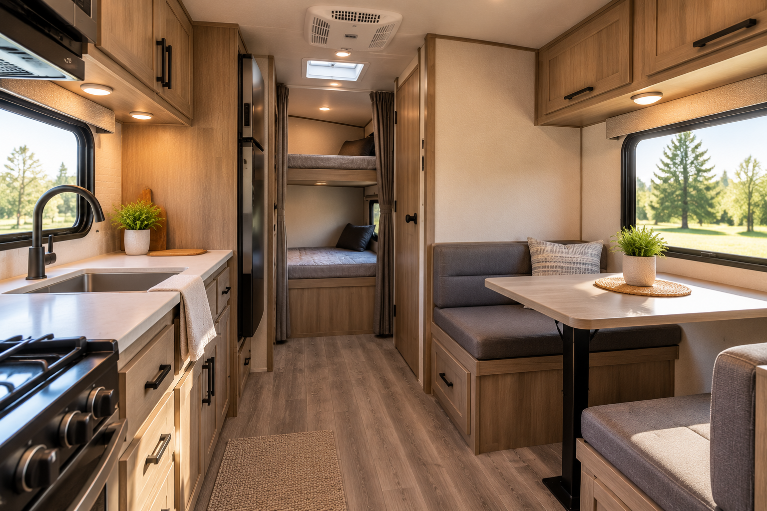 Simple, functional interior of a budget-friendly travel trailer showing kitchenette and sleeping area
