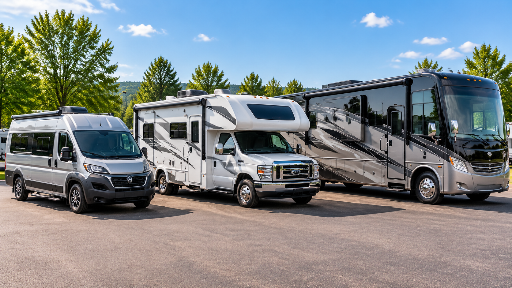 Class A, Class B, and Class C motorhomes lined up on a dealership lot showing size differences