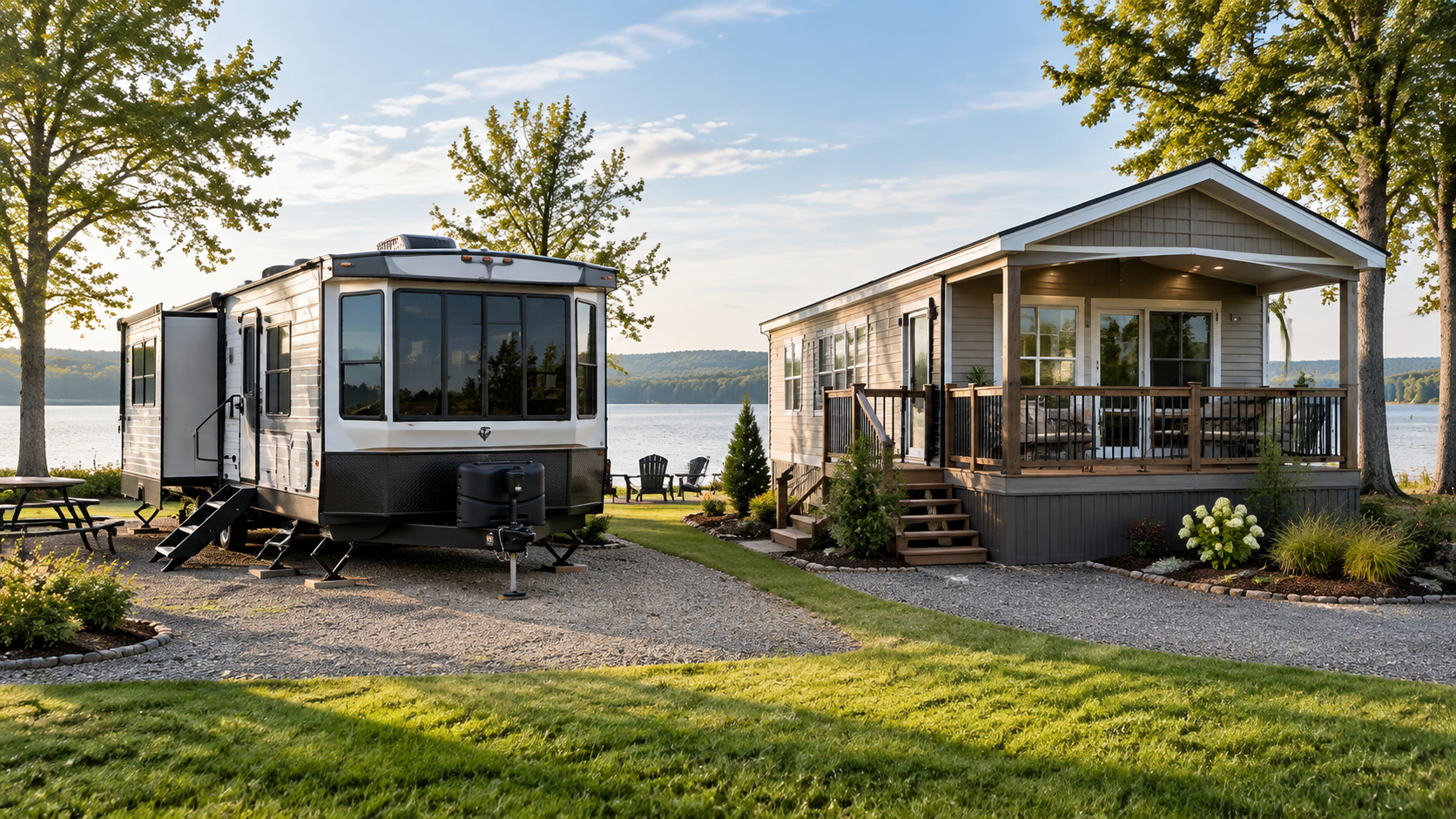 Destination trailer and park model shown side by side at a lakeside campground