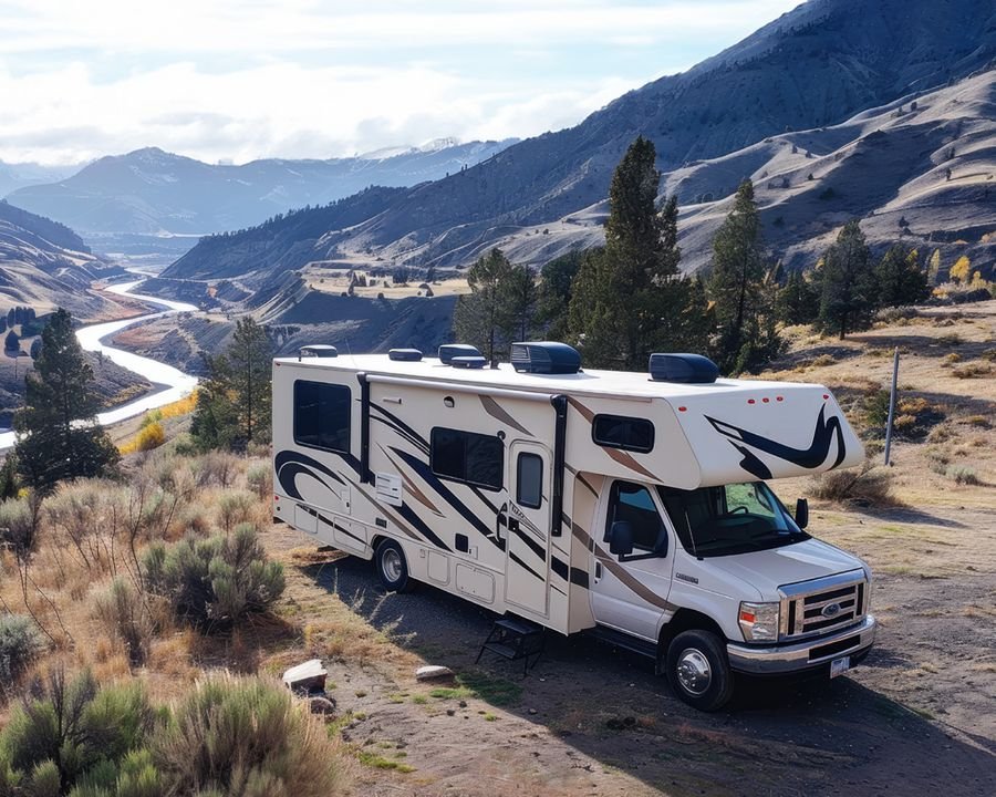 Class C motorhome parked on a hillside overlooking a mountain river valley