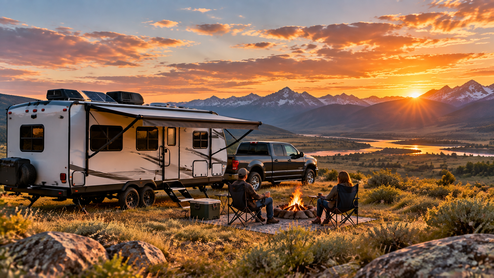 Travel trailer and pickup truck parked on open Montana public land at sunset with solar panels, camp chairs, and mountains in the background