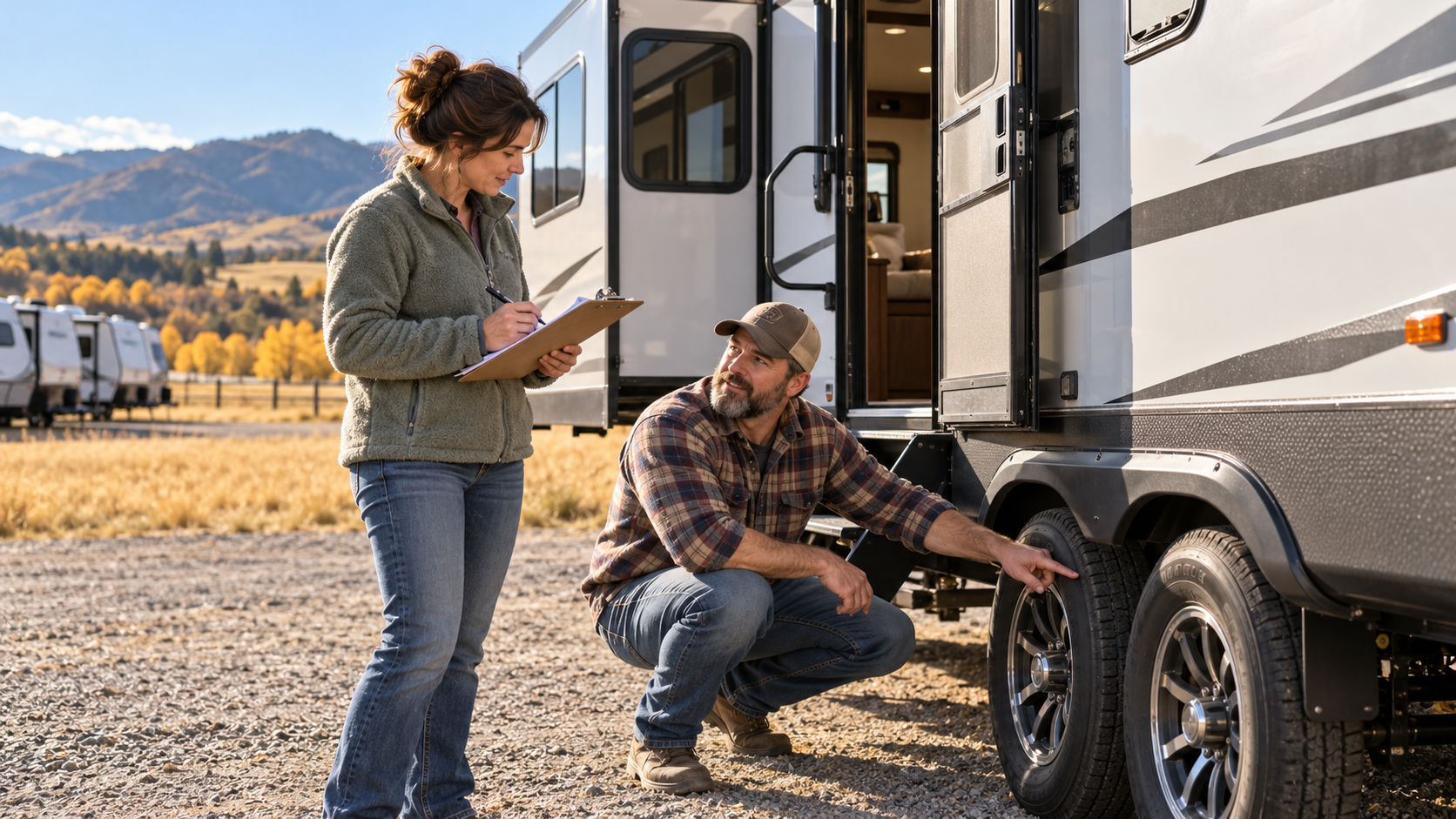 Couple using an inspection checklist while checking the tires on a used travel trailer