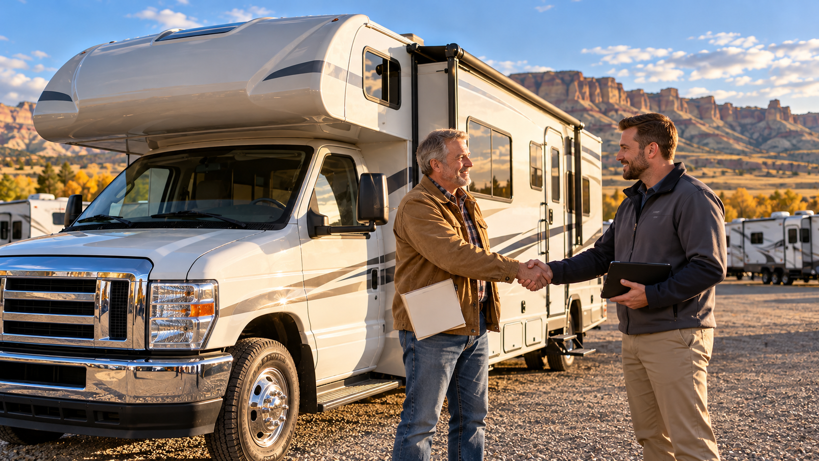 RV owner meeting with a dealership appraiser to find out how much his motorhome is worth