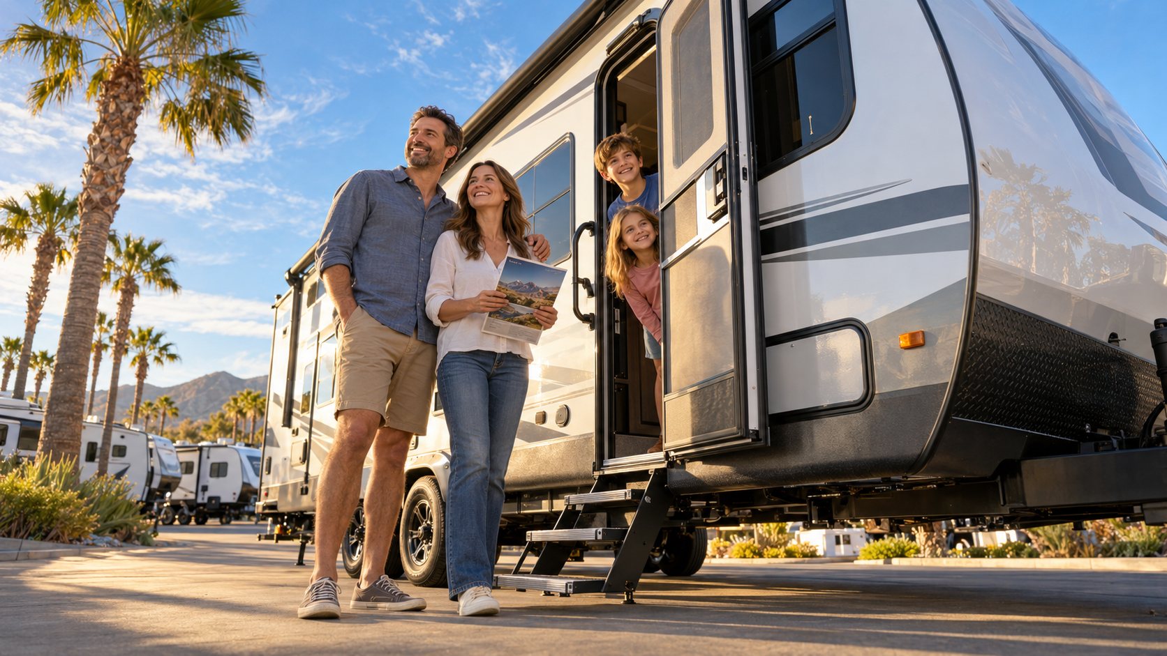 Family of 4 outside a fifth wheel at a California campsite