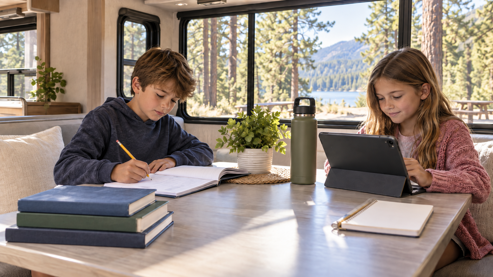 two children sitting at a modern RV dinette table doing schoolwork.
