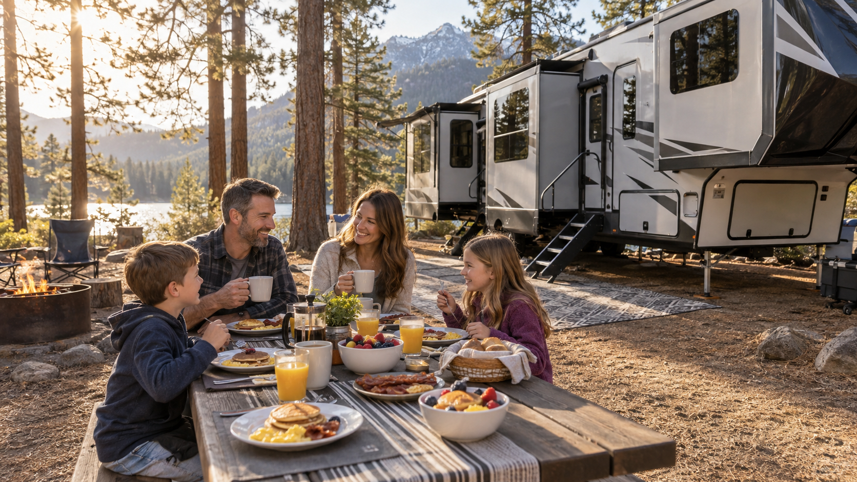 A family of four seated around a picnic table outside a large modern fifth wheel RV at a California campsite.