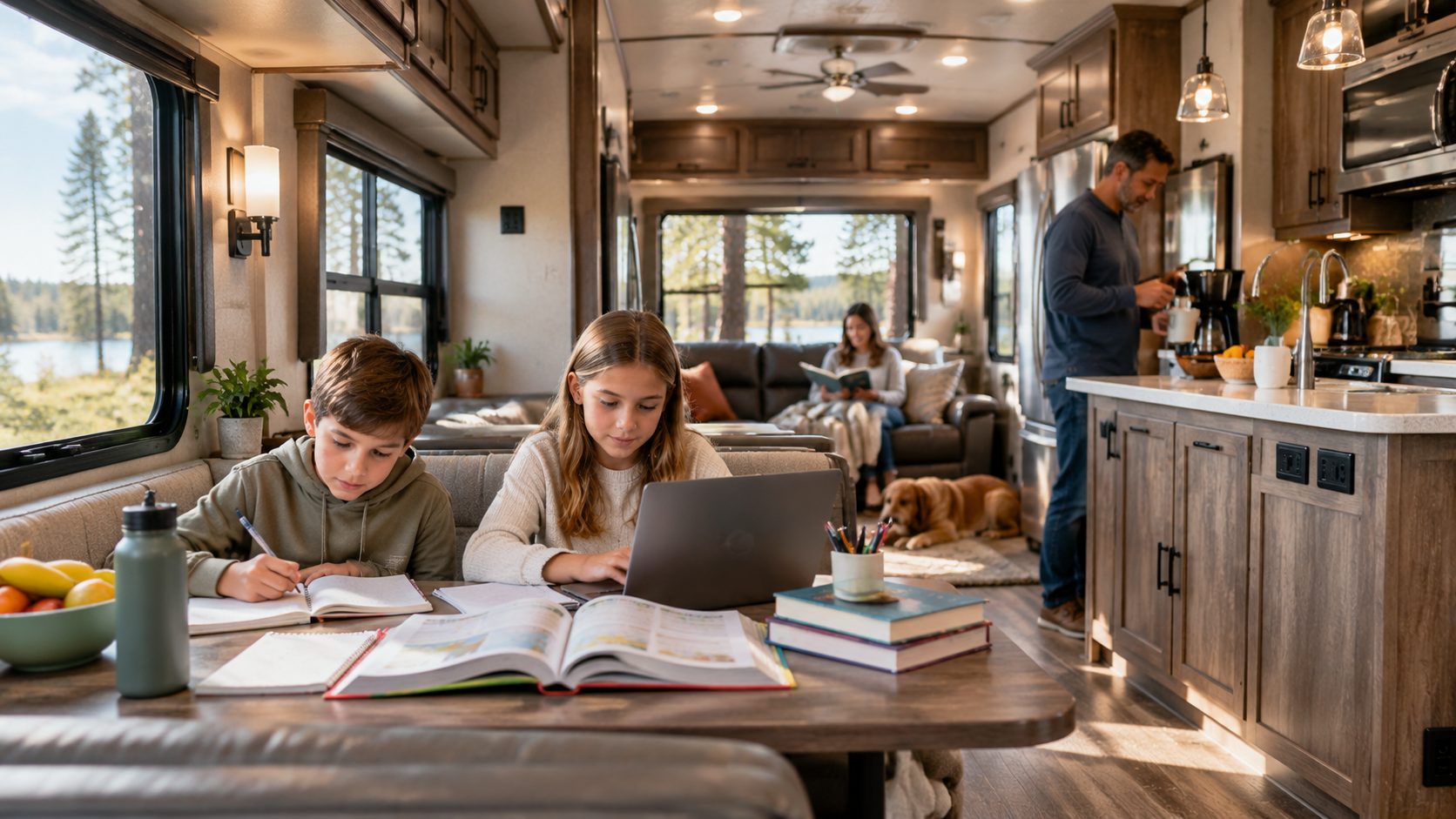 Interior of a large modern fifth wheel RV during a family school morning
