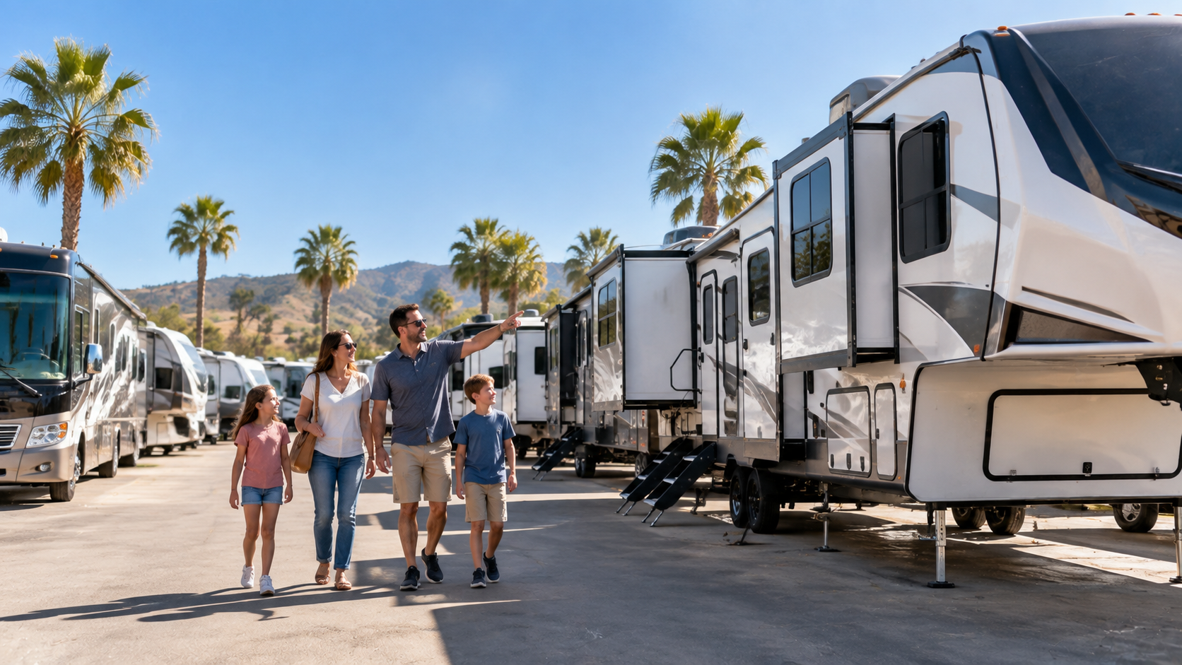 A wide shot of a modern RV dealership lot in California on a sunny day