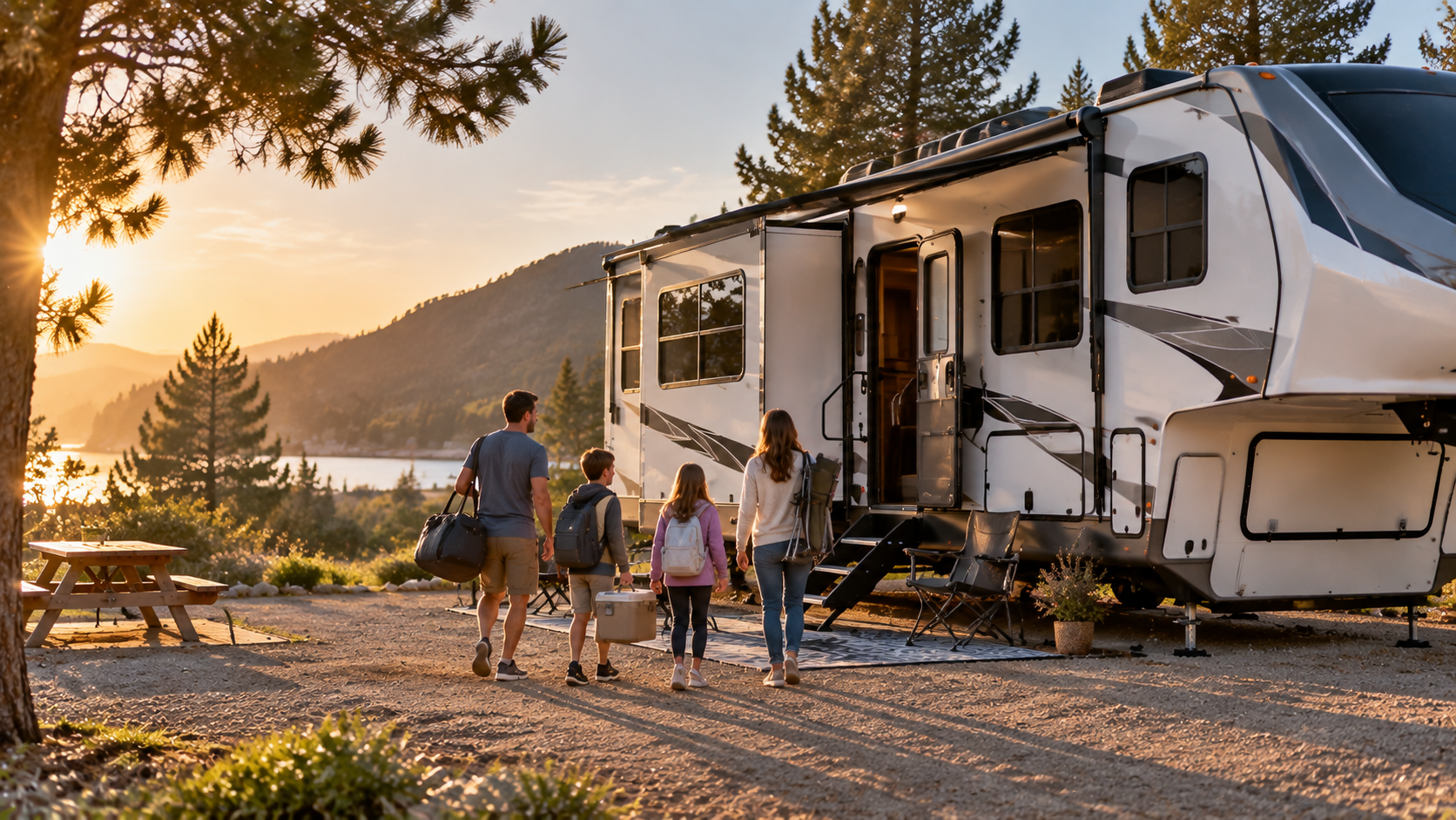 modern fifth wheel RV parked at a scenic campground in California's Central Coast