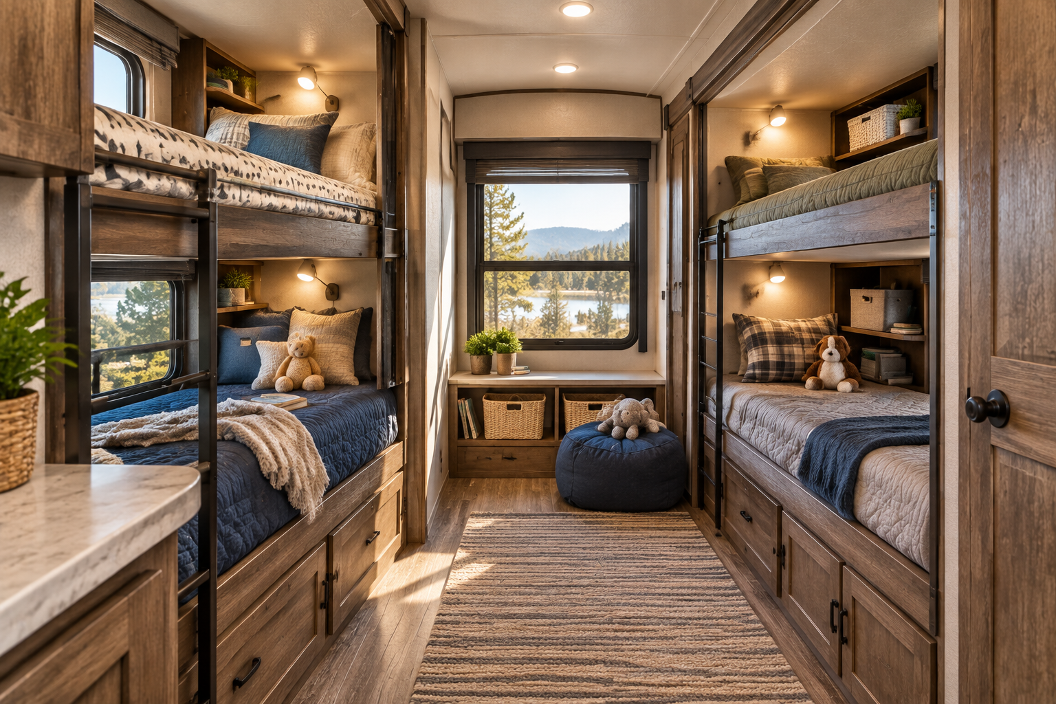 Interior view of a spacious RV bunkhouse area