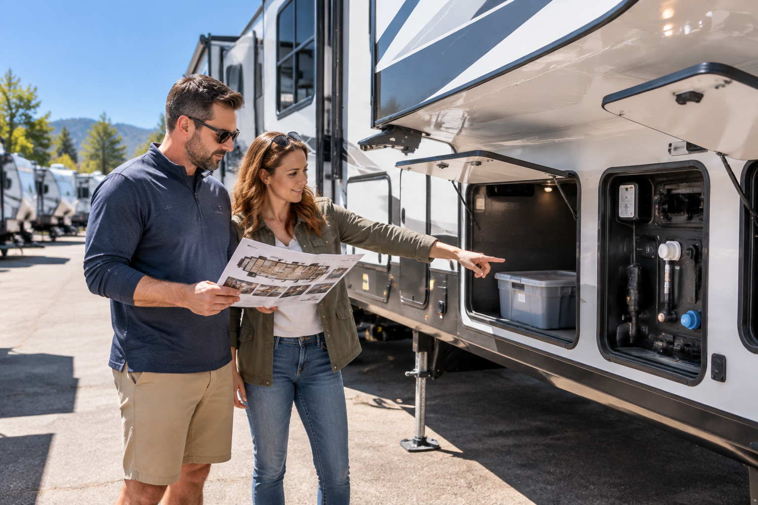 A father and mother reviewing a floorplan brochure together outside a large fifth wheel RV at an RV dealership lot