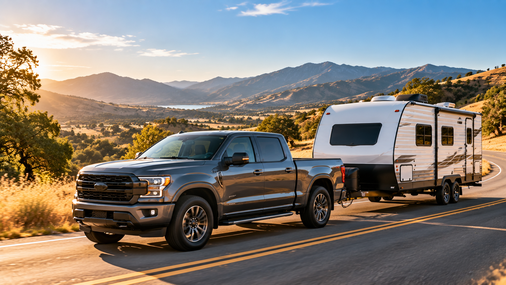 Half-ton pickup truck towing a lightweight travel trailer on a California highway through golden hills with mountains and oak trees in the background