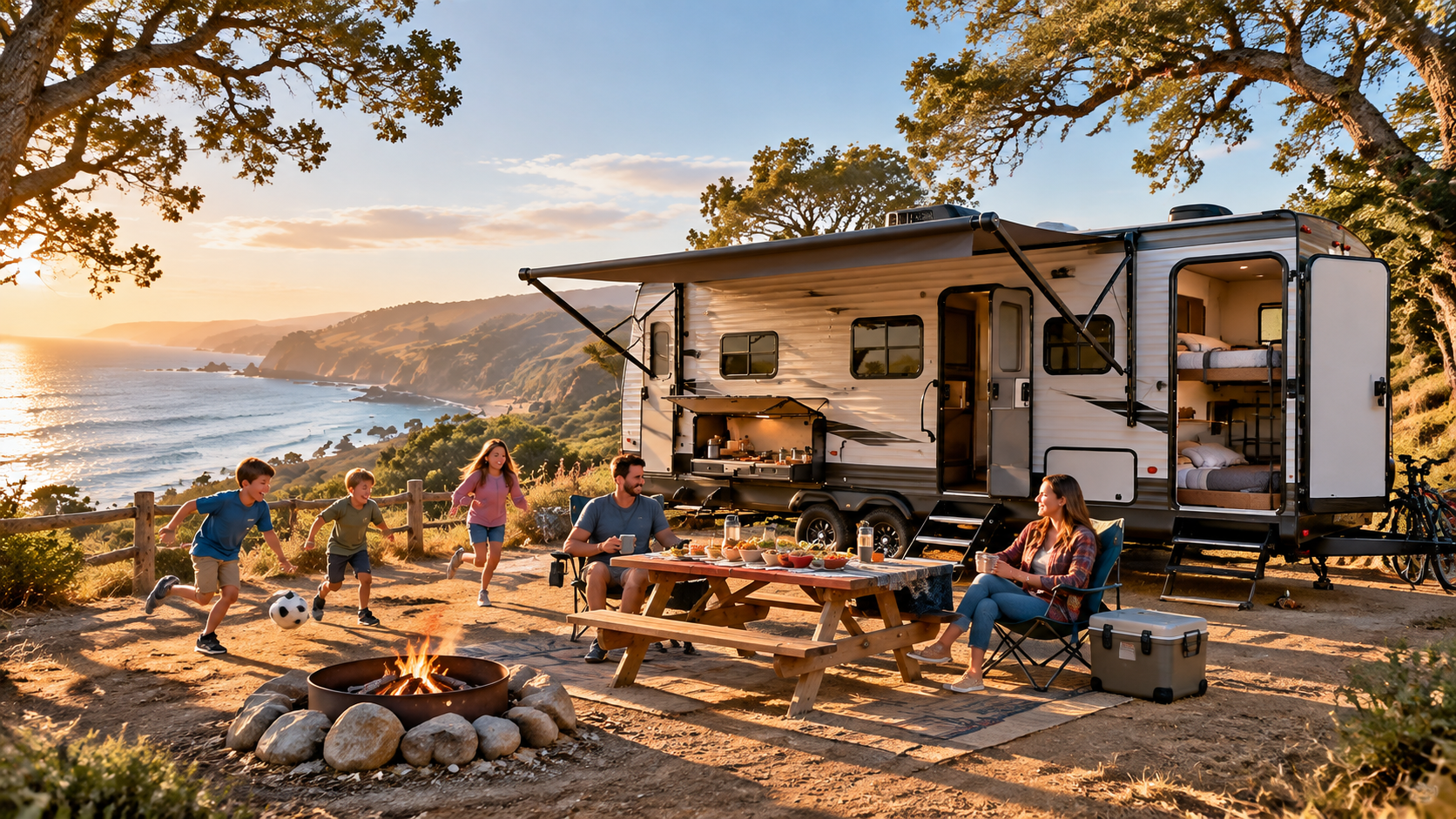 Family of five enjoying a coastal campground beside a bunkhouse travel trailer with outdoor kitchen, picnic table, fire pit, and ocean view at sunset