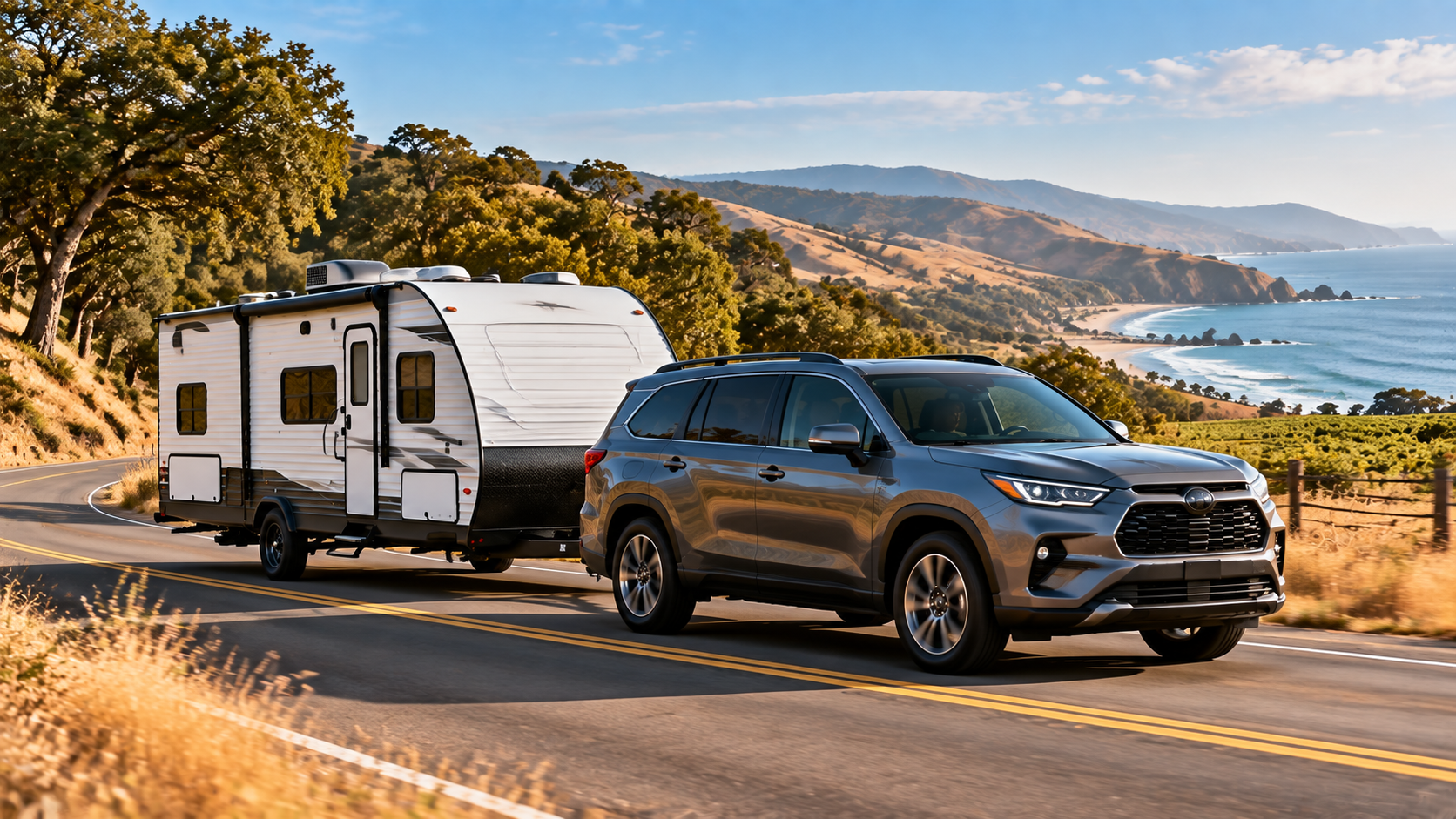Modern midsize SUV towing a compact lightweight travel trailer on a winding California Central Coast highway with golden hills, oak trees, and ocean views in the background