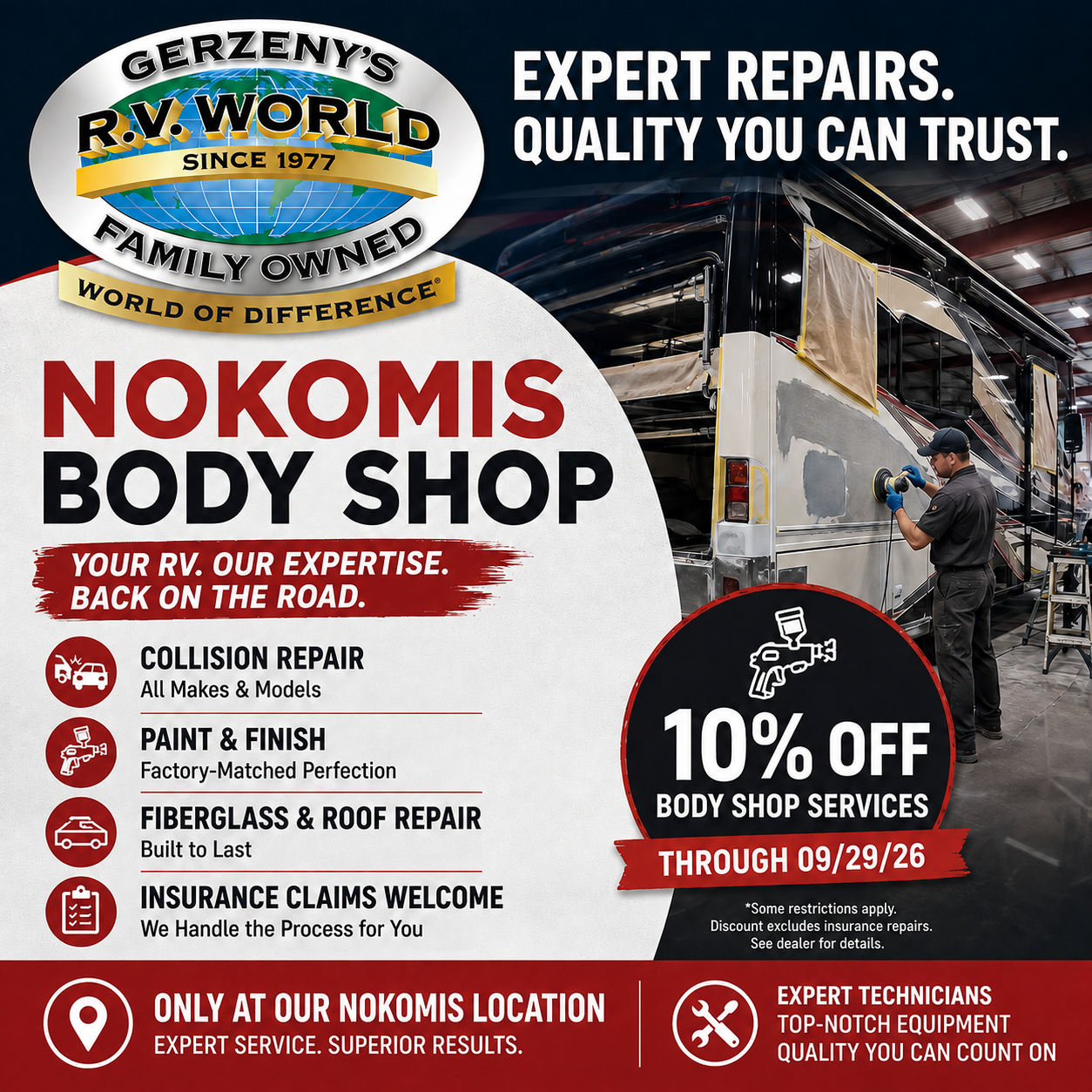 Gerzeny's R.V. World Nokomis Body Shop — collision repair, paint and finish, fiberglass and roof repair, insurance claims welcome. 10% off body shop services through 09/29/26.