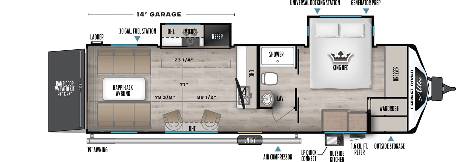 2026 East to West Alta Toy Hauler 2870KTH floorplan