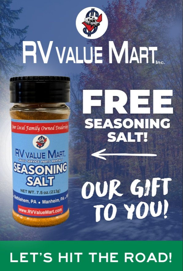 Free bottle of RV Value Mart seasoning salt at the Hershey RV Show