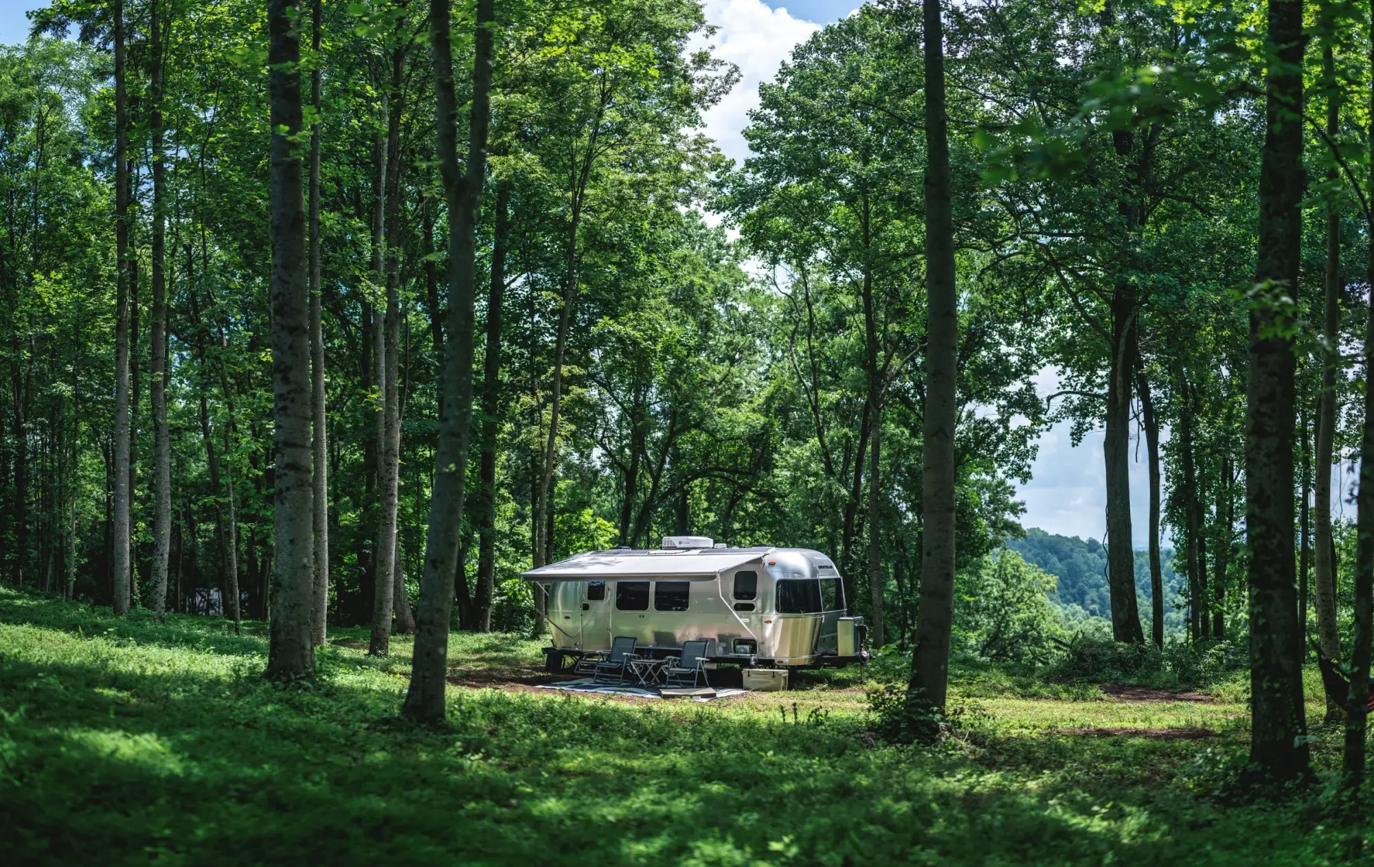 Airstream Flying Cloud parked in a sunlit forest